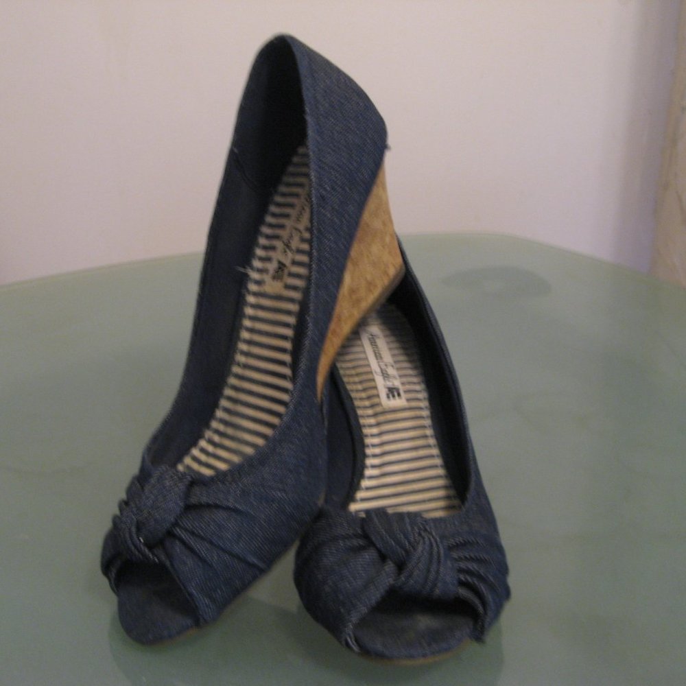 womens size 10W dark denim wedge heel comfort dress, casual shoe with open toe